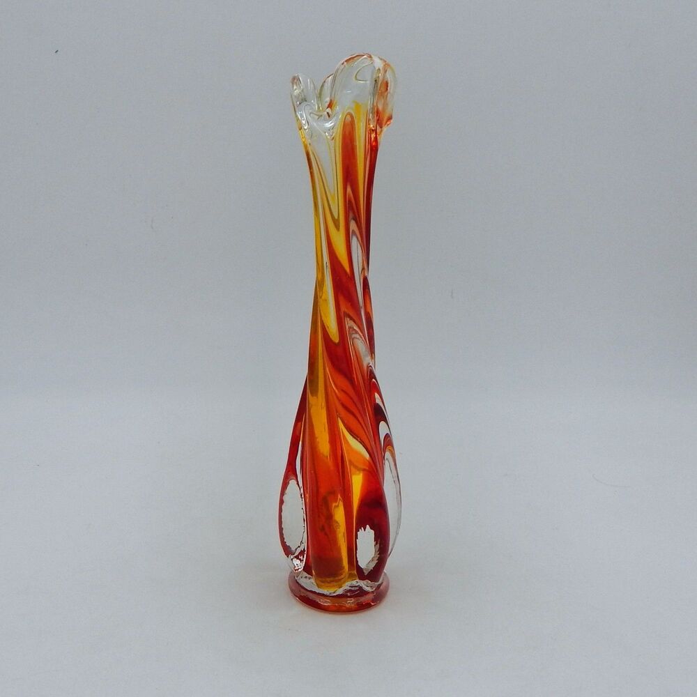 Art Glass Twisted Swung Vase Flower Bud Ruby Red Yellow Clear 3 Finger 9.5" Tall